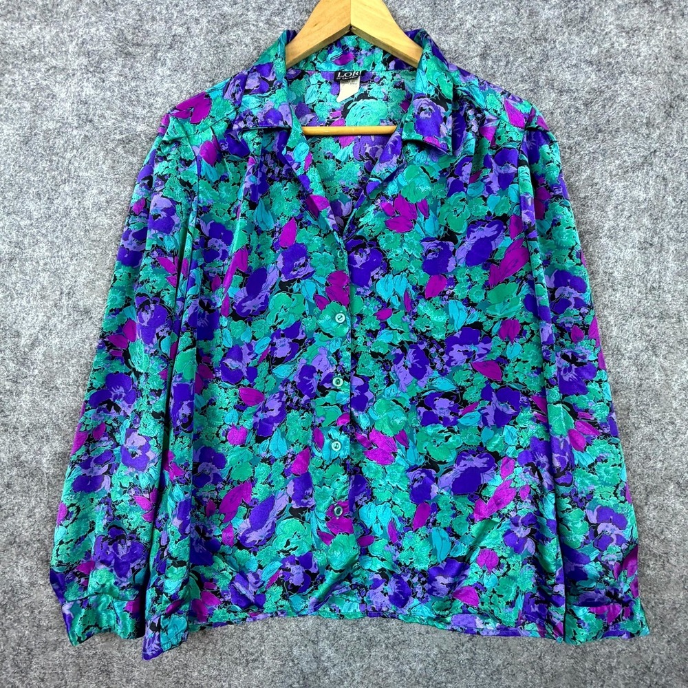 Vintage Lori of California Secretary Blouse Womens 12 Green Purple Office Siren